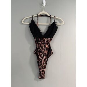 Lulus Womens Bodysuit‎ XS Black Lace Leopard Print Halter Sleeveless Teddy